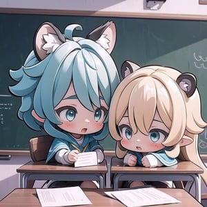 (Masterpiece), two girl, chating in the classroom, chibi, character sheet, blond hair, blue eyes, long hair, tiger-orange ears, chibi