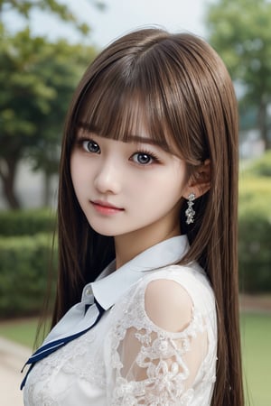 Portrait, school uniform, bright expression, half-up, young and glossy white skin, great looks, natural brown hair with dazzling highlights, glossy shiny hair, super long smooth straight hair, radiant beauty Bangs, blunt bangs, sparkling crystal clear charm Big eyes, very beautiful and lovely cute 18 year old girl