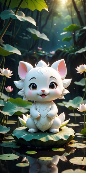 close up angle of ((cut toy),(3d white loong)) surrounded by forest, Lotus pond, animal, detailed focus, deep bokeh, beautiful, , dark cosmic background. Visually delightful , 3D,more detail XL,chibi,