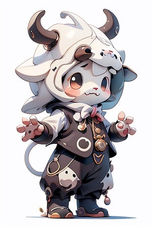 cartoon cow wear black waistcoat, centered, full body, no_humans, Depth of field, ((white-background, empty background)), (kawaii:1.3), (anime:1.4), cute, round eyes, (Best quality, masterpiece:1.2), design, mascot concept, inspiration, straight line, perfect hands, 2D