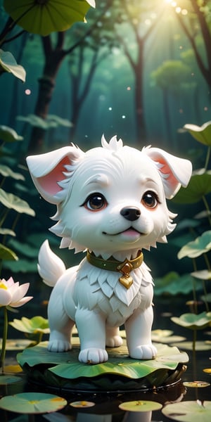 close up angle of ((cut toy),(3d white dog)) surrounded by forest, Lotus pond, animal, detailed focus, deep bokeh, beautiful, , dark cosmic background. Visually delightful , 3D,more detail XL,chibi,