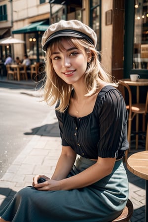 award winning analog photo of a Italian woman aiming to capture pure joy and innocence in warm midday light with playful shadows, sitting outside coffee shop, soft lighting, (23 yo), blonde_brunette blunt bangs short, newsboy hat, modelshoot, (toned:0.3), round neckline blouse, long skirt with frills, cinematic, 