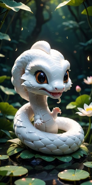 close up angle of ((cut toy),(3d white snake)) surrounded by forest, Lotus pond, animal, detailed focus, deep bokeh, beautiful, , dark cosmic background. Visually delightful , 3D,more detail XL,chibi,