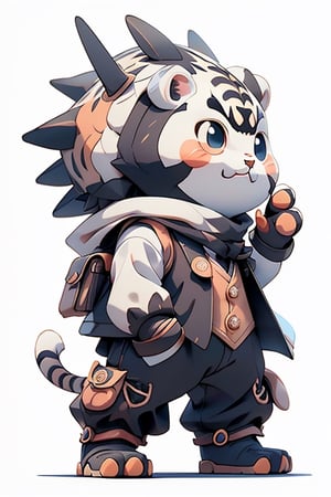 cartoon tiger wear black waistcoat, centered, full body, no_humans, Depth of field, ((white-background, empty background)), (kawaii:1.3), (anime:1.4), cute, round eyes, (Best quality, masterpiece:1.2), design, mascot concept, inspiration, straight line, perfect hands, 2D