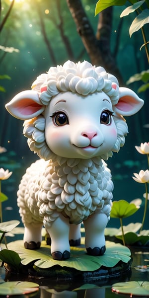 close up angle of ((cut toy),(3d white sheep)) surrounded by forest, Lotus pond, animal, detailed focus, deep bokeh, beautiful, , dark cosmic background. Visually delightful , 3D,more detail XL,chibi,