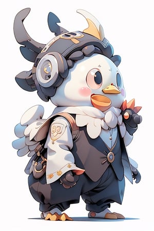 cartoon chicken wear black waistcoat, centered, full body, no_humans, Depth of field, ((white-background, empty background)), (kawaii:1.3), (anime:1.4), cute, round eyes, (Best quality, masterpiece:1.2), design, mascot concept, inspiration, straight line, perfect hands, 2D