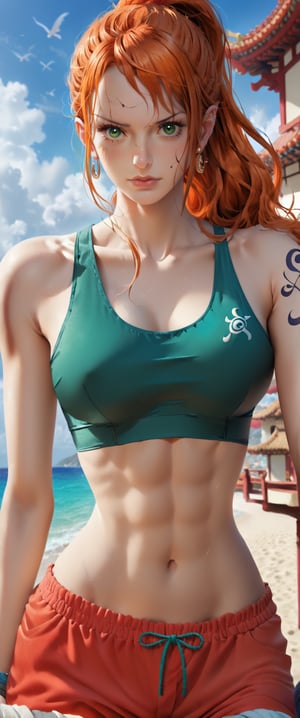 Nami (One Piece character), solo, long hair, breasts, looking at viewer, brown hair, belly button, holding, jewelry, green eyes, ponytail, earrings, shorts, pointed ears, midriff, tattoos, muscles, scars, abs , scars on face, sports bra, sportswear, dragon, muscular women, arm tattoo, red shorts, yoke, shoulder tattoo, oblique, oriental dragon