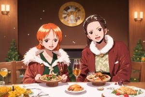 masterpiece, top quality, nami and robin, thanksgiving banquet table, indoor, wooden table, wooden interior, brunette, brown hair, brown eyes, happy, close mouth and look at viewer, santa suit,nami