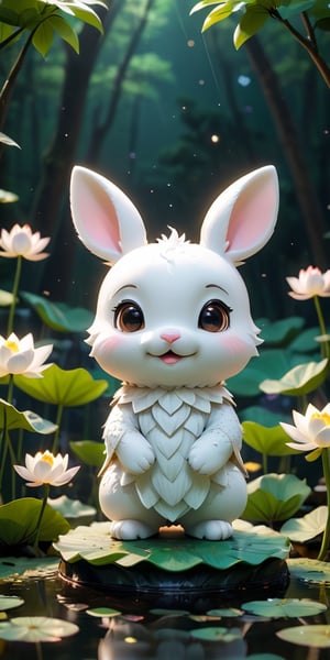 close up angle of ((cut toy),(3d white rabbie)) surrounded by forest, Lotus pond, animal, detailed focus, deep bokeh, beautiful, , dark cosmic background. Visually delightful , 3D,more detail XL,chibi,