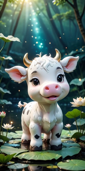 close up angle of ((cut toy),(3d white cow)) surrounded by forest, Lotus pond, animal, detailed focus, deep bokeh, beautiful, , dark cosmic background. Visually delightful , 3D,more detail XL,chibi,
