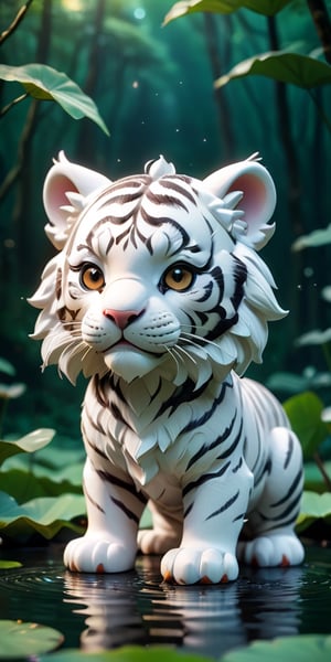 close up angle of ((cut toy),(3d white tiger)) surrounded by forest, Lotus pond, animal, detailed focus, deep bokeh, beautiful, , dark cosmic background. Visually delightful , 3D,more detail XL,chibi,