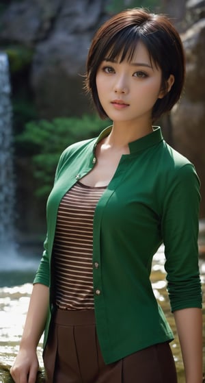 ((Top quality)), ((Masterpiece)), Chinese Girl with neat hair, ((Full body shot,)) Green horizontal striped T-shirt, Beautiful eyes, (Brown eyes), Short black hair, Intricate details, Very detailed eyes , small mouth, medium chest, movie image, soft lighting, perfect face, provocative pose, super attractive, wearing dark brown suit, watching waterfall