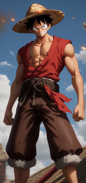 Highly detailed animation (Luffy from One Piece: 1.4) standing in a post-apocalyptic setting, created by Tetsuo Hara, a tall, beautiful, athletic male warrior (wearing a straw hat: 1.3), (tight-fitting without Black leather jacket with sleeves: 1.3), (bandaged forearms: 1.3), thick leather belt fastened at the waist, slim jeans, black knee-high boots. Muscular, majestic, strong arms, graceful and smooth movements, brown eyes, thick eyebrows, square chin, deep gaze, warrior posture, (perfect hands: 1.2), perfect body proportions, (full body photo) BREAK (anime atmosphere) ), rule of thirds, masterpiece, HDR, artstation trends, sharp focus, high contrast, 8K, ultra-detailed, intricate details, cinematic lighting, ani_booster, art_booster, real_booster,