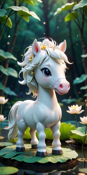 close up angle of ((cut toy),(3d white horse)) surrounded by forest, Lotus pond, animal, detailed focus, deep bokeh, beautiful, , dark cosmic background. Visually delightful , 3D,more detail XL,chibi,