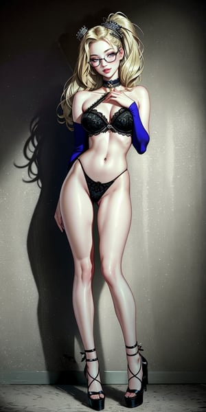 ((Masterpiece, edgQuality)), charming smile, smug, Sexy and enchanting, blonde womanedgKM, a woman with a pair of glasses on her face, Victoria's Secret, Lace, wearing edgKM, high fashion, high heels, ((full body)), lora:edgMoss:1, edgKM, best quality