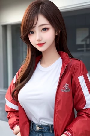 a beautiful girl wearing white shirt, red jacket