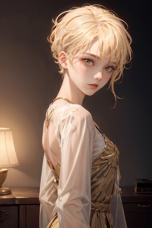 a 20 yo woman, blonde, (hi-top fade:1.3), (gold eyes, makeup), curly_hair,  dark theme, soothing tones, muted colors, high contrast, (natural skin texture, hyperrealism, soft light, sharp), see-through clothes