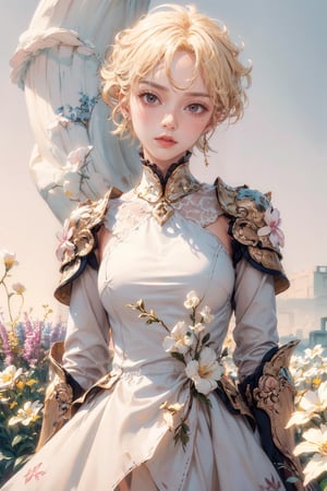 a 20 yo woman, blonde, (hi-top fade:1.3), (gold eyes, makeup), curly_hair, flower dress, colorful, darl background,flower armor, White theme,exposure blend, medium shot, bokeh, (hdr:1.4), high contrast, (cinematic, White and White:0.85), (muted colors, dim colors, soothing tones:1.3), low saturation,