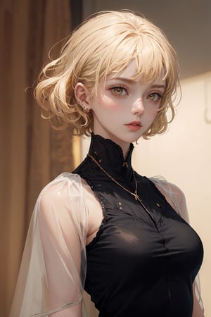 a 20 yo woman, blonde, (hi-top fade:1.3), (gold eyes, makeup), curly_hair,  dark theme, soothing tones, muted colors, high contrast, (natural skin texture, hyperrealism, soft light, sharp), see-through clothes