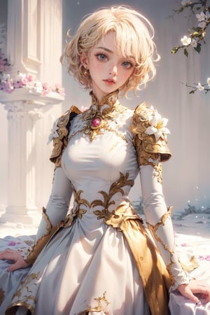 a 20 yo woman, blonde, (hi-top fade:1.3), (gold eyes, makeup), curly_hair, flower dress, colorful, darl background,flower armor, White theme,exposure blend, medium shot, bokeh, (hdr:1.4), high contrast, (cinematic, White and White:0.85), (muted colors, dim colors, soothing tones:1.3), low saturation,