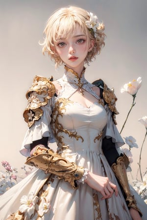 a 20 yo woman, blonde, (hi-top fade:1.3), (gold eyes, makeup), curly_hair, flower dress, colorful, darl background,flower armor, White theme,exposure blend, medium shot, bokeh, (hdr:1.4), high contrast, (cinematic, White and White:0.85), (muted colors, dim colors, soothing tones:1.3), low saturation,