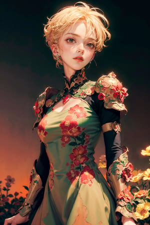 a 20 yo woman, blonde, (hi-top fade:1.3), (gold eyes, makeup), curly_hair, flower dress, colorful, darl background,flower armor,green theme,exposure blend, medium shot, bokeh, (hdr:1.4), high contrast, (cinematic, red and orange:0.85), (muted colors, dim colors, soothing tones:1.3), low saturation,