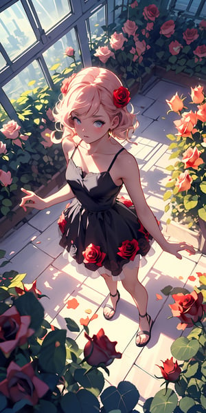 (((rose:1.2))), (masterpiece), best quality, ultra-detailed, illustration,  (kawaii style), pastel colors, kawaii, cute colors, ((from above)), rose flower, intricate rose, sequin-dress, dynamic pose, photojournalism, cel-shading, 1960s hippie, foreboding emotional tone, with marc simonetti style, rose garden,Glass flower room