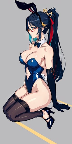 absurdres, highres, ultra detailed, manhwa style, (lewd), 1girl, ((navel exposed:1.2)), (mature female), cloud retainer \(genshin impact\), , black hair, [blue hair], two-tone hair, multicolored hair, long hair, ponytail, bangs, blue eyes, lips, semi-rimless eyewear, hair ornament, alternate costume, bunny outfit, playboy bunny, (rabbit ears, fake animal ears), cleavage, bare shoulders, detached collar, large breasts, highleg, highleg leotard, strapless leotard, black gloves, black thighhighs, thighs, high heels, (full body), looking at viewer, (seiza), sitting, from side, grey background, sketch, ,xianyun