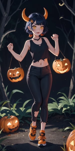 (masterpiece, sidelighting, beautiful eyes), cute, kawaii, (illustration), 1girl, (devil), ((red skin)), (red horn), black tank top, navy long pants, navel:0.6, full body, claw pose:1.2, devilish eyes, yellow eyes, short hair, blue hair, hair ornament, hair rings, hairclip, twin braids, , ((halloween)), (a jack o'lantern), outdoor,reddemon