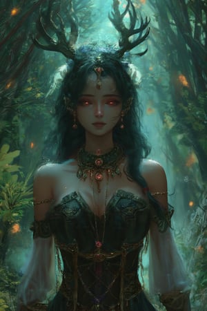 A forest guardian with glowing eyes and antler-like adornments stands in a mystical forest, spirits swirling around her in a vibrant digital_painting.