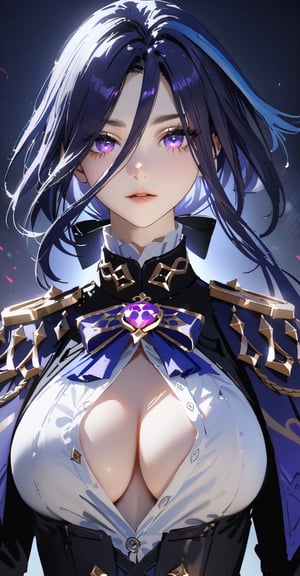 (highly detailed:1.3),upper body,  clorinde \(genshin impact\), purple eyes, detailed clothes, unbuttoned shirt, cleavage, detailed lips, 
Ultra-detail,(highres:1.1),best quality,(masterpiece:1.3),cinematic lighting,
(detailed face and eyes:1.3), (by gawako:0.3), (by rella:0.4), (by wlop:0.3),clorinde \(genshin impact\)