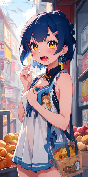 (masterpiece), best quality, ultra-detailed, illustration, (kawaii style), , anime style, pastel colors, kawaii, cute colors, (1girl), solo, xiangling \(genshin impact\), short hair, blue hair, thick eyebrows, hairclip, (hair rings), braid, yellow eyes, chinese clothes, bare shoulders, sleeveless, , 1girl, cute, facial expression, anticipation, mouth open, saliva, drooling, big eyes, sparkling, bright colors, joyful, happiness, blush, cheeks, xianglingdef, turkey food, thanksgiving, (happiness)