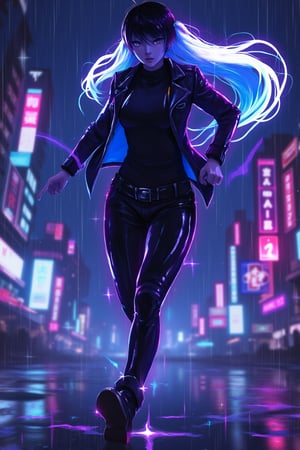 neon_glow, anime style of a woman in a sleek leather jacket, sprinting through a rain-soaked cyberpunk city, her glowing neon hair trailing behind her as she races past towering buildings, the neon signs casting sharp shadows across her focused face.