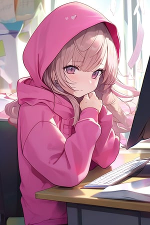 a cute beautiful woman in pink hoodie questioning stuff , "IT'S WORKING THO ??" in classroom, anime