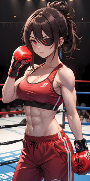 (masterpiece), best quality, ultra-detailed, illustration, kawaii style pastel colors, kawaii, cute colors, pastel colors, beidou_genshin, long_hair, eyepatch, red_eyes, (brown_hair), hair_ornament, hair_over_one_eye, closed mouth, serious face, , abs, alternate costume, sportswear, sports bra, bare shoulders, breasts, cleavage, cleavage cutout, crop top, sleeveless, midriff, navel, fingerless gloves, pants, sweat, boxing gloves, boxing ring, muscle, muscular, (punching), pov, ,beidournd, ((boxing, gloves))