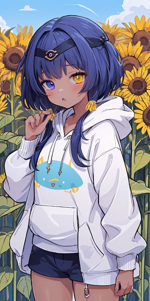 (masterpiece), best quality, ultra-detailed, illustration, (kawaii style), pastel colors, kawaii, cute colors, , 1girl, candacernd, ,heterochromia, dark-skinned female, yellow eyes, blue eyes, tan skin, blue hair, (alternate costume), regular outfit, baggy hoodie, yellow hoodie, sunflower, sunflower fiels, blue sky,candacedef,masterpiece