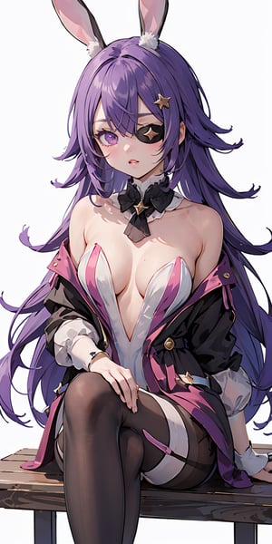 (masterpiece), best quality, ultra-detailed, illustration, (kawaii style:1.4), pastel colors, kawaii, cute colors, pastel colors, 1girl, sitting, crossed legs, on jail, parted lips, chevreuse, eyepatch,  long hair, purple hair, crossed bangs, purple eyes , (alternate costume), red bunny outfit, playboy bunny, white leotard, (white pantyhose), rabbit ears, fake ears, bare shoulders, white background