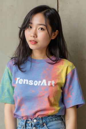 korean woman wearing colorful T-shirt with white tensorart_logo near the wall, professional photo