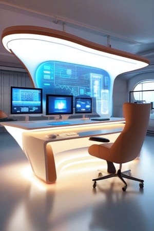 A cutting-edge Digital Workspace Concept that embodies Futuristic Minimalism. The workspace is centered around a large, interactive digital wall that serves as a display, whiteboard, and communication hub. The desk is a simple, floating design with built-in smart devices, and the chair is ergonomic with a sleek, modern design. The room is illuminated by soft, indirect lighting, creating a calm and focused atmosphere. The design is tech-forward yet minimalist, perfect for the modern professional.,living concept