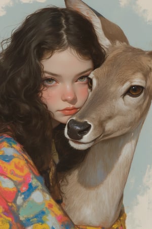 animaportrait of a woman with wavy dark hair and a gentle deer, set against a light gray background, peaceful and natural, colorful, contrast, absurdres.