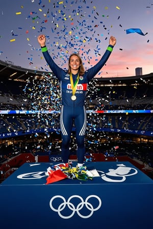 A close-up shot of a triumphant Beautiful Olympic athlete standing at the edge of a medal podium, arms raised in victory as confetti and balloons swirl around them. The golden medal glints brightly against a dark blue background, with the Olympic rings and flags waving in the foreground. Soft, warm lighting illuminates the athlete's beaming face, set against a dramatic cityscape or iconic stadium at sunset.