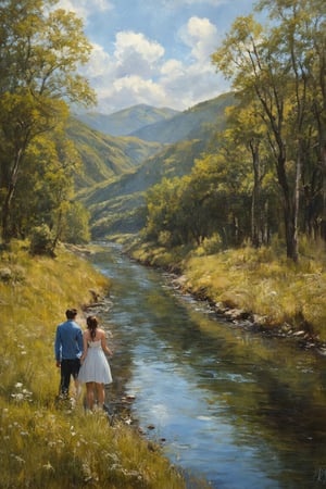 A painting of a serene river flowing through a lush valley, where the water itself holds the memories of those who have lived and loved there. The river is depicted with crystal-clear water, revealing images of people and events from the past. A young couple stands on the riverbank, their reflections showing not just themselves but also the memories of their ancestors. The scene is peaceful and poignant, evoking a deep sense of connection and continuity.
