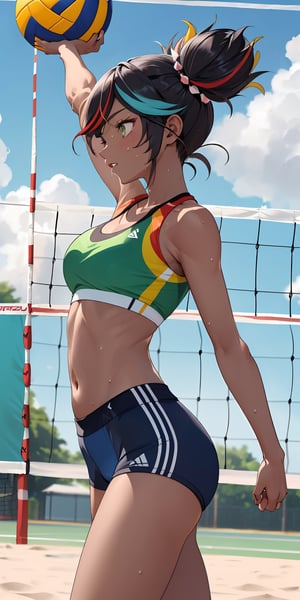 (masterpiece), best quality, ultra-detailed, illustration, kawaii style pastel colors, , kawaii, cute colors, keqing (genshin impact), hair xinyanrnd, , 1girl, green eyes, black hair, red hair, multicoloured hair, dark-skinned female, dark skin, alternate costume, sportswear, green sports bra, stomach, breasts, cleavage, collarbone, navel, green shorts, short shorts, arm up, armpit, (dynamic pose:1.4), looking forward, focused, sweat, cloud, day, outdoors, sky, solo, virtual youtuber, (volleyball, playing volleyball, beach volleyball:1.2), (from below, from side), (close-up),