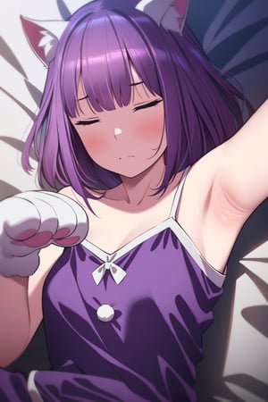 top view, by and.ad, amazing quality, masterpiece, best quality, hyper detailed, ultra detailed, UHD, perfect anatomy, portrait, dof, hyper-realism, majestic, awesome, inspiring, 1girl, sleepy, sleepy face, catgirl, cat ears, purple hair, purple pajamas, armpit peek, paw hand, white paw, cute, depth of field, bedroom