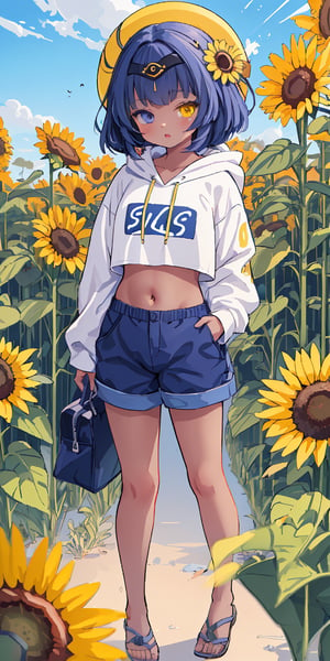 (masterpiece), best quality, ultra-detailed, illustration, (kawaii style), pastel colors, kawaii, cute colors, , 1girl, navel, candacernd, ,heterochromia, dark-skinned female, yellow eyes, blue eyes, tan skin, blue hair, (alternate costume), regular outfit, baggy hoodie, yellow hoodie, sunflower, sunflower fiels, blue sky,candacedef,masterpiece