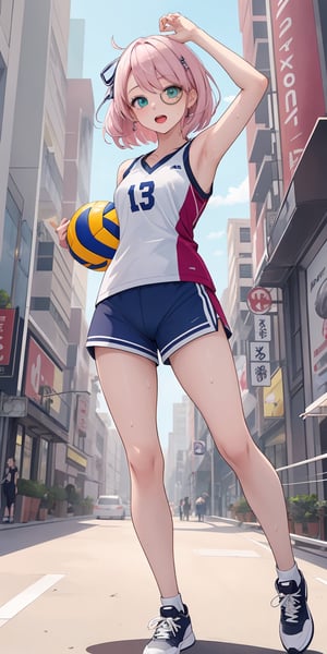 (masterpiece), best quality, ultra-detailed, illustration, kawaii style, pastel colors, kawaii, cute colors, pastel colors, Charlotteid, 1girl, solo, pink hair, bangs, green eyes, (monocle), short hair, bare shoulders, , alternate costume, sportswear, volleyball uniform, shorts, shirt, white shorts, shoes, armpits, sleeveless, volleyball, holding, holding volleyball ball, looking at viewer, sneakers, sweat, sleeveless shirt, open mouth, arm up, ball, volleyball hall