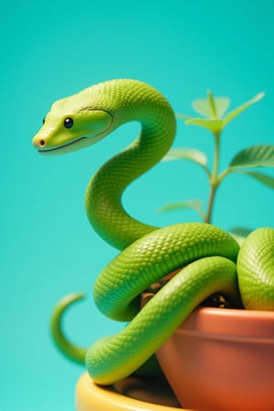 A close-up shot of a massive, vibrant green snake with an endearingly cute expression, its scales glistening in soft, warm lighting. The snake's body wraps around a colorful flower pot, adding a pop of texture and whimsy to the scene. Against a bright blue background, the snake's features are highlighted, showcasing its adorable demeanor.