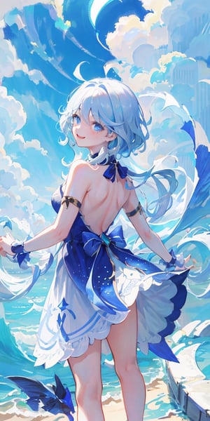 (masterpiece), best quality, ultra-detailed, illustration, cute, 1girl,furina,heterochromia, bare back, blue and white dress, from behind, smile, happy, sky, clouds, (official)