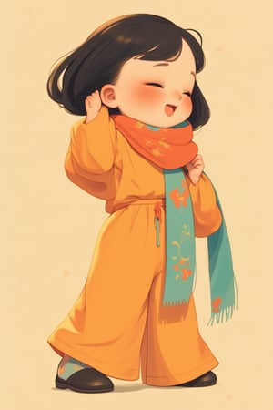 fluffy_cheek, joyful girl with bobbed hair, dressed in a modern jumpsuit with a traditional touch. She poses happily with her eyes closed, showing delight while holding a colorful scarf.