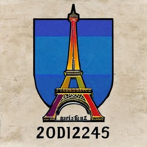 eifel tower in center, ((olympic logo)), A majestic medieval-inspired logo for the Paris Olympic Games! The framing features a regal crest with intricate details, set against a contrasting background. The centerpiece boasts vibrant, bold text MMXXIV in a striking color scheme, with the smaller text 2024 elegantly situated below. A fusion of modern and medieval elements, this emblem exudes grandeur and excitement for the Olympic Games.